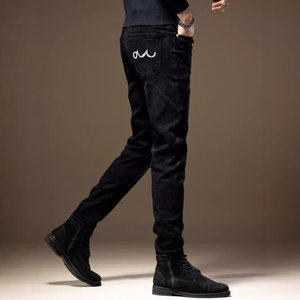 
High-end quality pure black design jeans for men in autumn Korean style fashionable pockets slim feet long pants for men