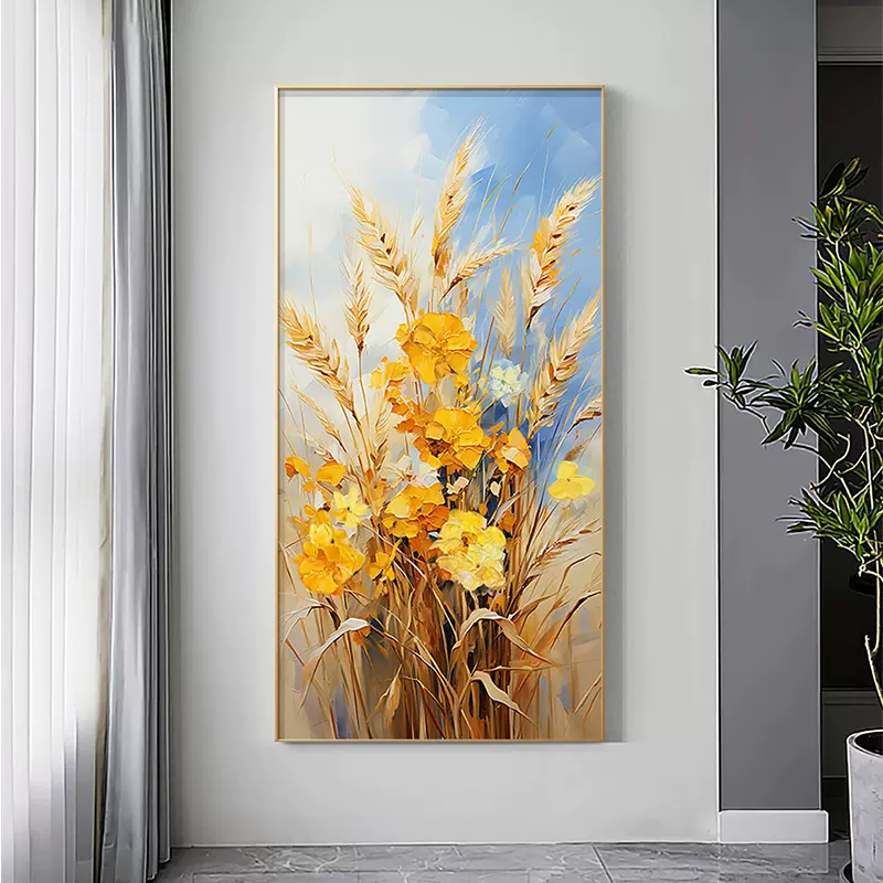 油彩画　【花】　抽象 玄关油画轻奢花卉装饰画抽象金箔大气走廊过道挂画进门北欧风墙画