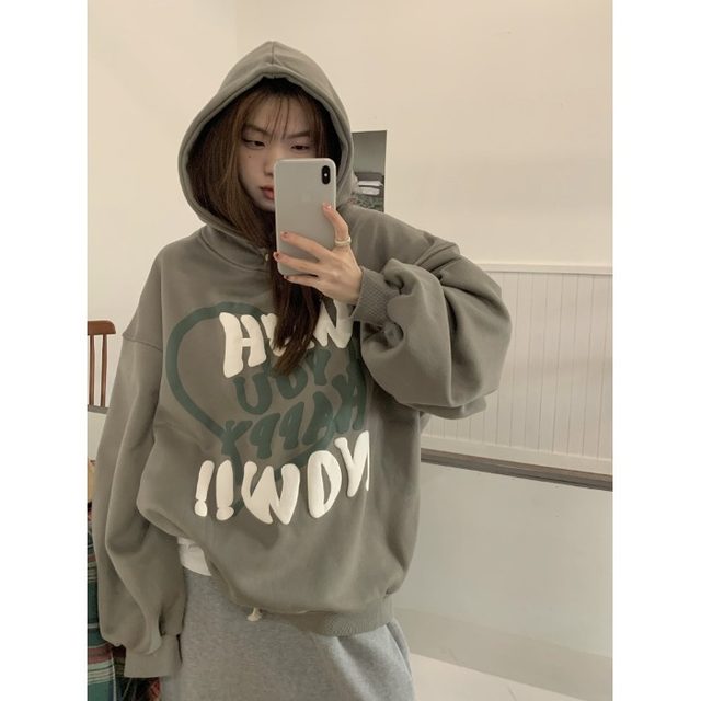 American style plush velvet thickened hooded couple sweatshirt coat for women in autumn and winter Korean lazy style loose slim hoodie top