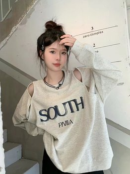 Loose and lazy off-shoulder grey round neck autumn sweatshirt