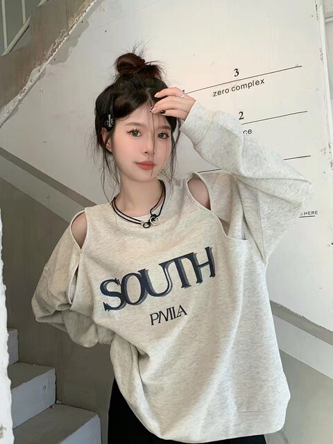 American lazy style sweatshirt 2025 new women's early autumn loose casual retro Korean design off-shoulder top