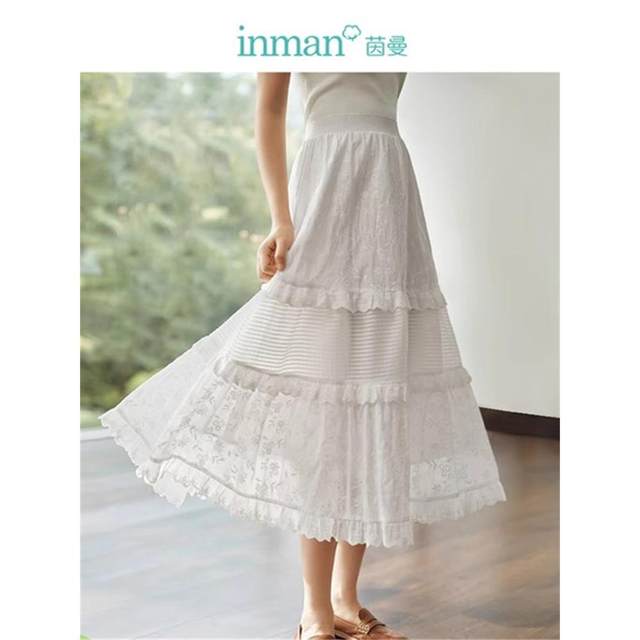 Inman French retro skirt for women 2025 spring new elastic high waist A-line white cake umbrella skirt