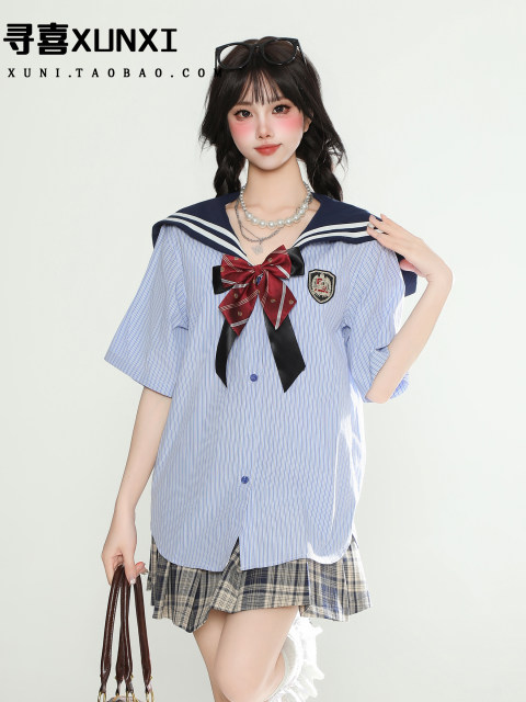 
XunXI Campus style contrasting striped shirt for women in summer JK uniform bow short-sleeved sailor clothes top