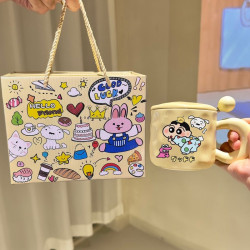 Crayon Shin-Chan Ceramic Mug with Lid and Spoon, High-Value Milk Measuring Cup for Boys and Girls, Couple's Coffee Breakfast Cup