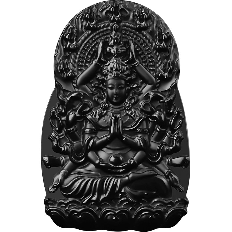 和田玉墨玉千手观音玉牌黑羊脂生肖属鼠吊坠