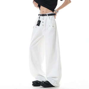 
American high street metal-breasted design scimitar jeans for men spring new fashion brand loose casual wide-leg pants