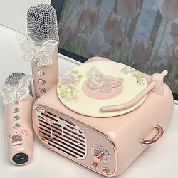 Xindong Bluetooth Speaker Wireless Microphone Karaoke Desktop Girl's Birthday Gift Vinyl Record Bedroom Small Speaker