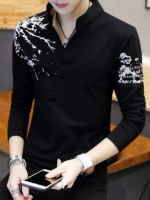 Мужская демисезонная осенняя хлопковая трендовая футболка, длинный рукав, в корейском стиле