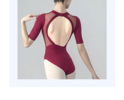 Dance Clothing, Ballet Performance Gymnastics Clothing, Adult One-Piece Mesh Stand-Up Collar Five-Quarter Sleeve Body Suit