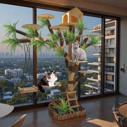 Large Cat Tree, Cat Climbing Frame, Cat House, Integrated Solid Wood Real Tree Trunk, Wear-Resistant, Non-Stick Fur, Cat Climbing Tree, Pet Jumping Platform