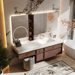 Medieval style vanilla color Corian integrated basin bathroom cabinet
