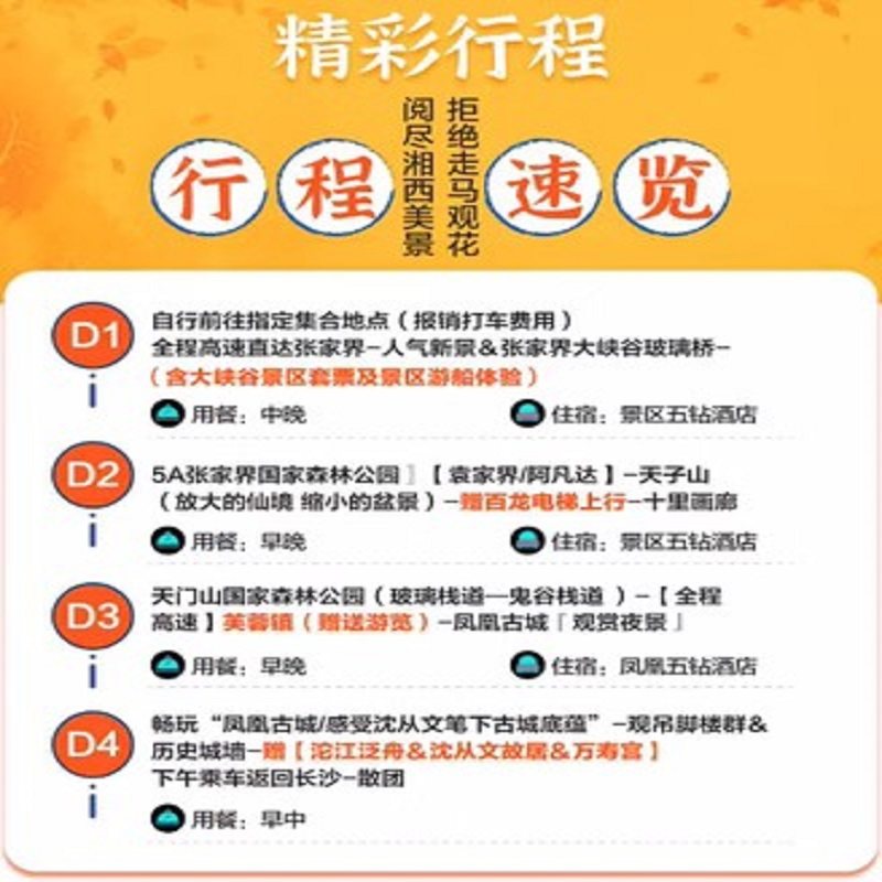 VIP免排队长沙张家界旅游4天3晚森林公园玻璃桥天门山凤凰跟团游