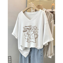 150kg Plus-Size Women's Short-Sleeve T-Shirt, Pure Cotton, Summer Loose Fit, Oversized, Large Size, Tummy-Covering, V-Neck Top, Trendy