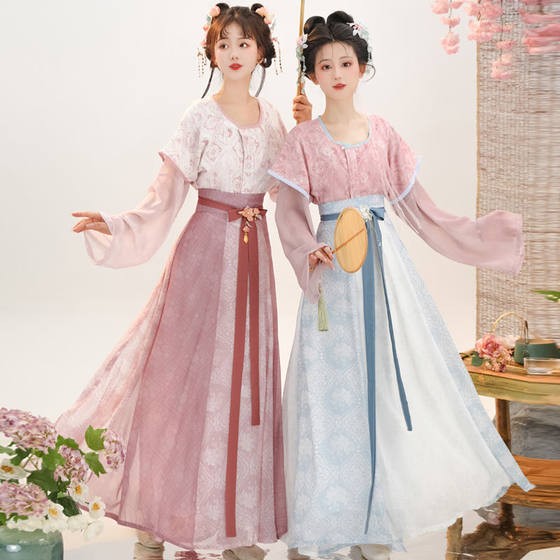 
[Little Tang Chun] Original Tang-made Hanfu for women with printed Tang 褙子 spring and summer round-neck shirts with waist-length eight-piece skirts for daily use