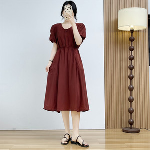 
Huiyi Pavilion summer women's short-sleeved dress elastic waist high waist mid-length skirt Korean style sweet dress large skirt