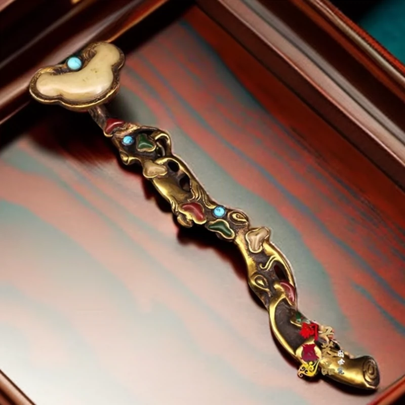 古玩收藏纯铜镶嵌宝石灵芝如意摆件家居玄关装饰工艺品吉祥如意-Taobao