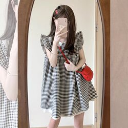 French-Style Sweet Two-Piece Dress with Doll Collar and Plaid Pattern for Women, Summer Slim-Fit Short Dress with Flutter Sleeves for Petite Figures