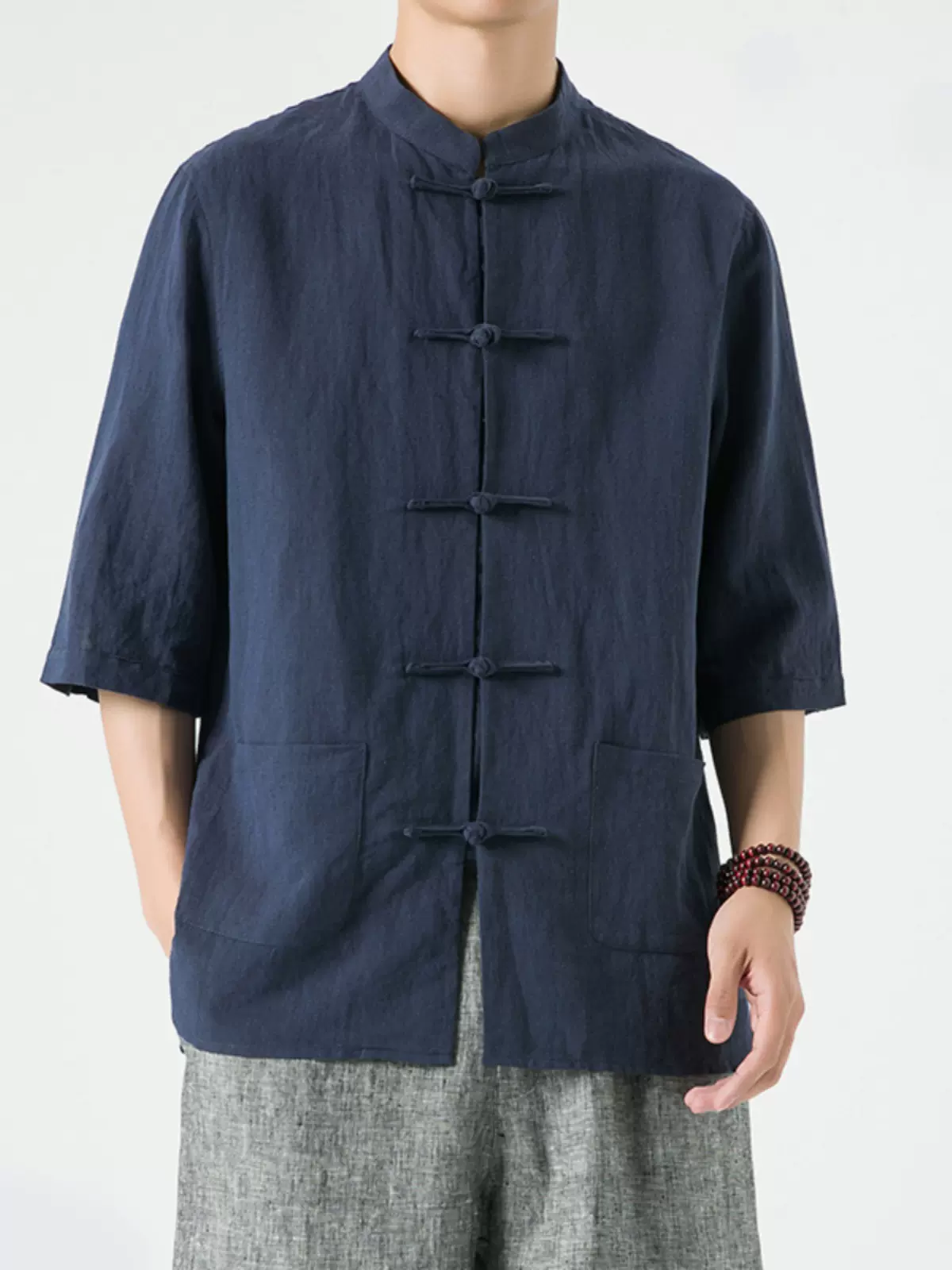 亚麻短袖t恤衫中国风男装七分袖国潮唐装复古半袖夏季薄棉麻衣服