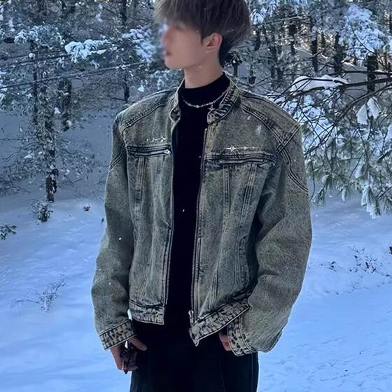 Internet celebrities, the same denim jacket men's senior sense of handsomeness, handsome hairstyle, tide brand men's clothing standing collar denim jacket jacket
