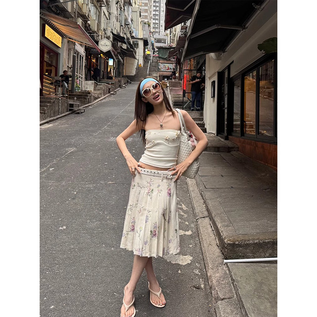 PlaceOrder retro illustration floral pleated skirt for women in summer low waist slim and versatile A-line skirt mid-skirt