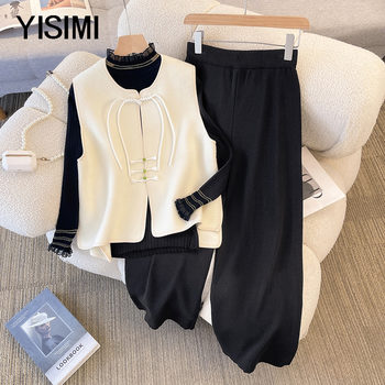 Middle-aged and elderly fat mothers Chinese style vest three-piece set