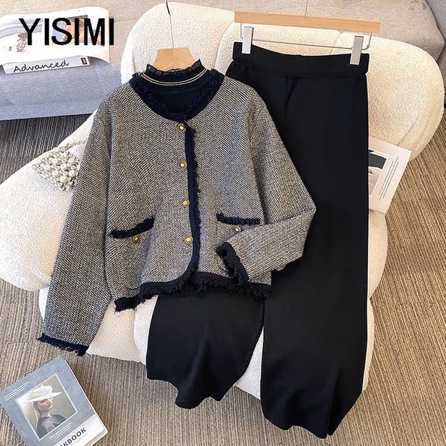 Middle-aged young mothers Xiaoxiangfeng knitted long-sleeved jacket women's suit middle-aged and elderly women autumn and winter new three-piece set