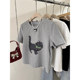 Korean retro cat printed front shoulder short-sleeved T-shirt for women in summer 2024 new loose slim short top trendy