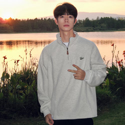 American-Style Stand-Up Collar Half-Zip Fleece-Lined Thick Sweatshirt for Men, Winter Heavyweight Hoodless Long-Sleeve Base Layer Top