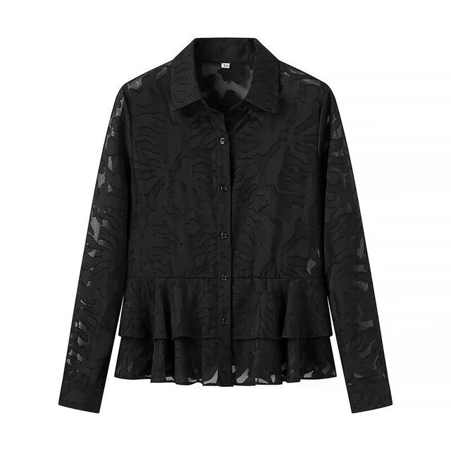 AliExpress 2025 summer cross-border European and American women's clothing black flower cut lotus leaf long sleeve shirt top for women
