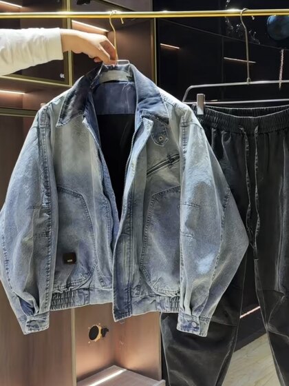 
Jacket men's spring new high street heavy lapel washed denim jacket men's trendy brand loose handsome versatile top