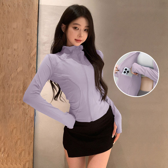 
New yoga clothes for women spring stand-up collar tight running sports coat quick-drying long-sleeved training fitness clothes with pockets