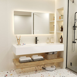 Natural Wood Style Double-Layer Slate Bathroom Vanity with Seamless Ceramic Basin Cabinet Combination, Custom-Made Washbasin for Bathroom