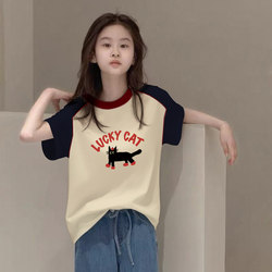 Girls' Pure Cotton Short-Sleeved T-Shirt Summer Wear 2026 New Style Kidsren's Raglan T-Shirt for Older Kidsren with Cat Print Top ins