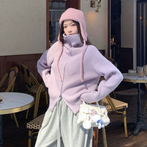 
2025 Autumn Sweet Dopamine Wearing Cream Purple Sweater Jacket Women's Sweater Cardigan Zipper Short Jacket