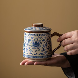 Ruyao Ceramic Tea Cup with Tea-Water Separation, Personal Use Office Mug, Large Capacity Water Cup with Lid