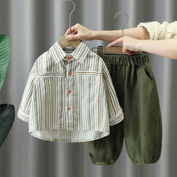 Boys Autumn Suit 2023 New Children's Striped Shirt Two-piece Suit Little Boy Handsome Spring And Summer Fashion Trendy