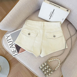 Hot Girl Retro Apricot Workwear Denim Shorts for Women, Summer High-Waisted Slimming Versatile Tight Elastic A-Line Hot Pants