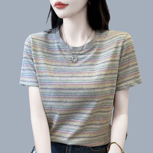 
Pure cotton short-sleeved t-shirt for women 2026 summer new style mom style noble shirt loose large size striped top