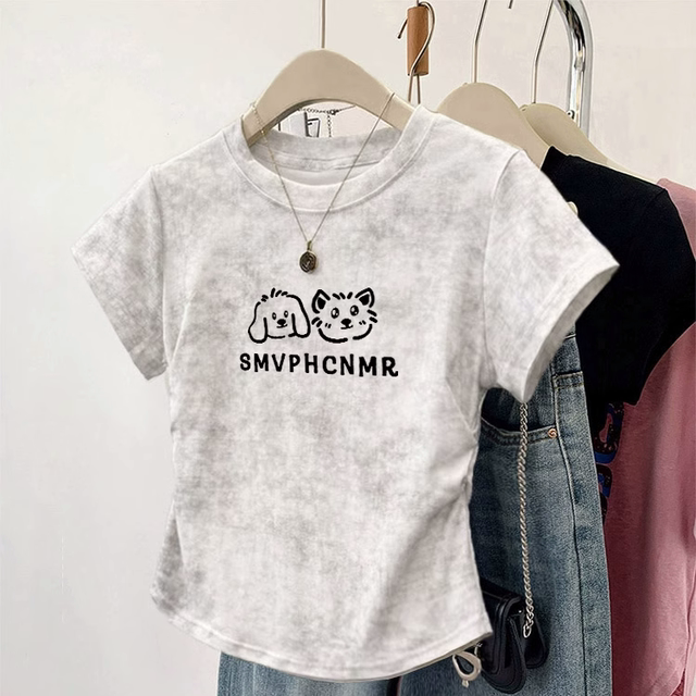 White tie-dyed front shoulder pure cotton short-sleeved T-shirt for women 2025 new summer pure waist-pinching short top