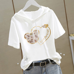 2026 New Summer White Hooded Sweatshirt Short-Sleeved T-Shirt for Women, Loose Design, Niche Korean Style Sweet Top