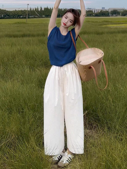 克莱因蓝冰丝针织短袖t恤女夏季2024新款韩系穿搭坎肩上衣两件套