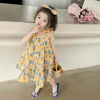 Летнее платье-комбинация, платье без рукавов, детская юбка, в цветочек, в корейском стиле