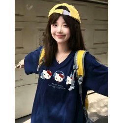 Navy Blue V-Neck Short-Sleeve T-Shirt for Women, 2026 Summer Hot Style, Plus Size, Loose Fit, Slimming, Lazy Style Top