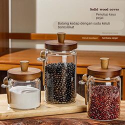 Light Luxury Wooden Lid, Beautiful Glass Sealed Jar with Small Spoon, Moisture-Proof Coffee Storage Jar, Seasoning Bottle