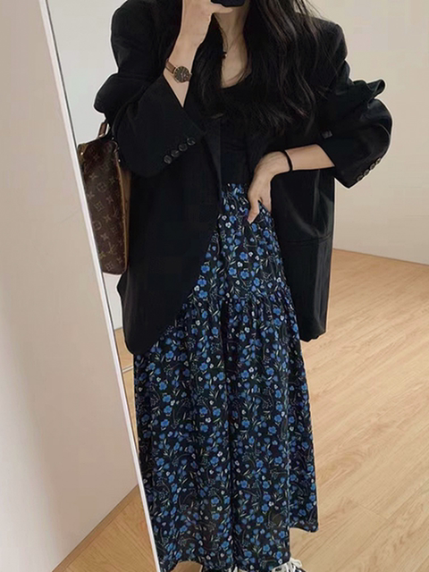 Retro blueberry floral skirt for women in summer mid-length pleated skirt loose and versatile draped chiffon skirt umbrella skirt
