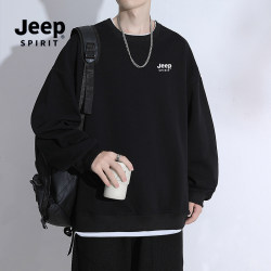 Jeep Spring and Autumn Sweatshirt for Men, Loose Fit, Fake Two-Piece Long-Sleeve Top, Heavyweight Crew Neck Sportswear for Young Men