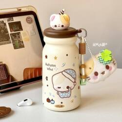 2026 New Straw Cup Thermos for Girls, High Aesthetic Value, Portable, Cute, Openable Bear Small Water Cup for Students 316