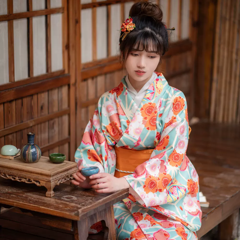日式和风改良和服浴衣绿色复古繁花图案文艺复古和服少女连衣裙CO-Taobao
