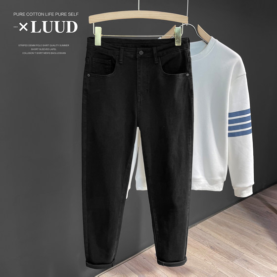 LUUD high elastic classic black jeans retro Korean version versatile slim-fitting trousers casual long pants men