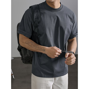 
LUUD dark gray urban fashionable versatile cool T-shirt breathable short-sleeved round neck wear inside and outside casual top